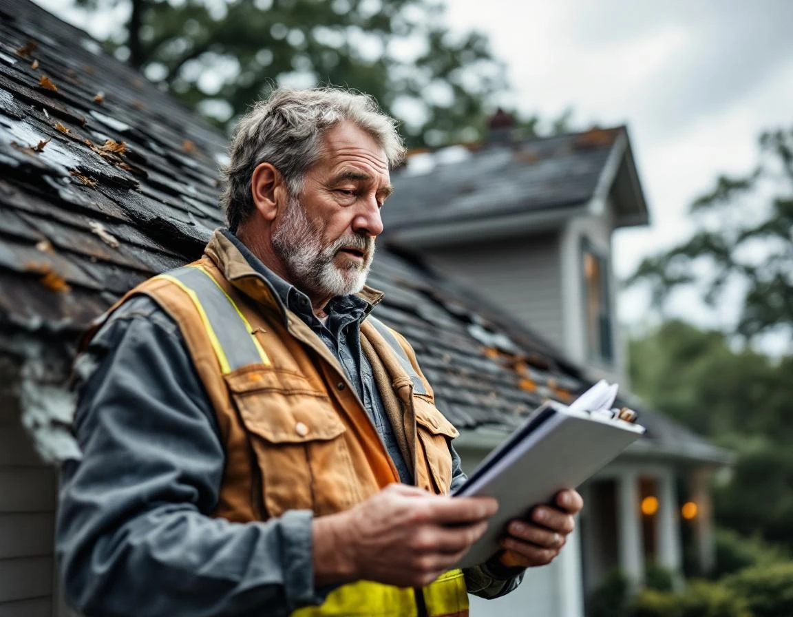 Roofing contractor inspecting storm-damaged shingles while documenting insurance claim details on residential property
