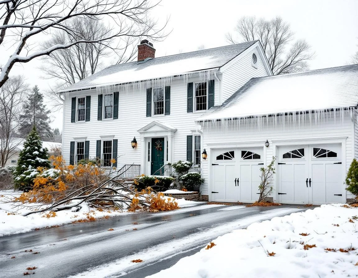 Colonial home garage blocked by storm debris and ice after winter weather event requiring emergency door service