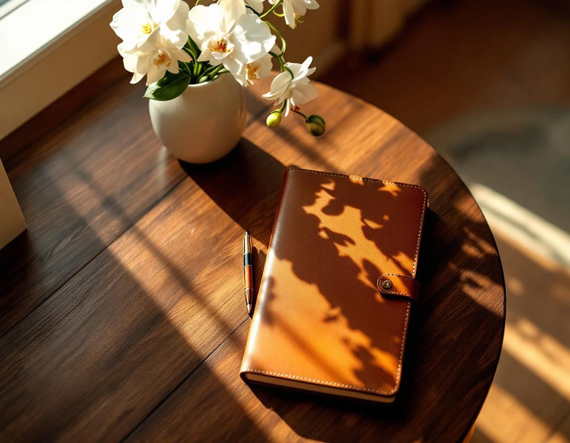 Leather journal and fountain pen on wooden hotel desk with natural window lighting and orchid arrangement