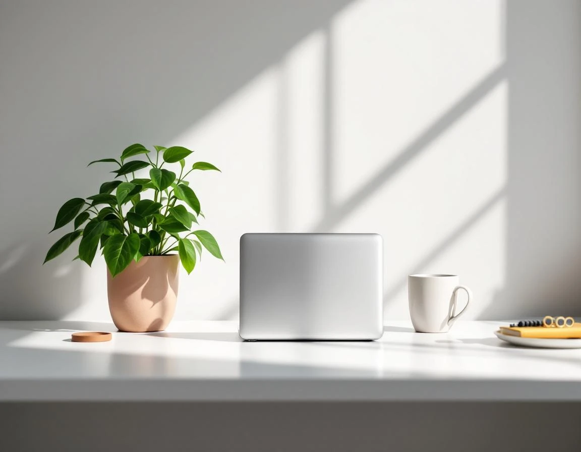 Clean modern desk workspace with closed laptop and office plant in healthcare setting