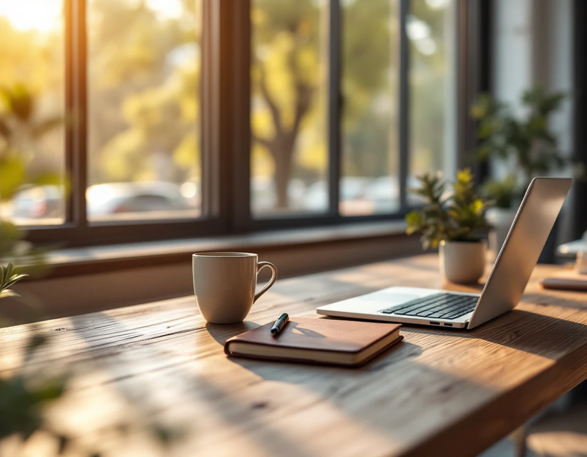 Modern chiropractic office workspace with closed laptop and notebook in warm afternoon sunlight