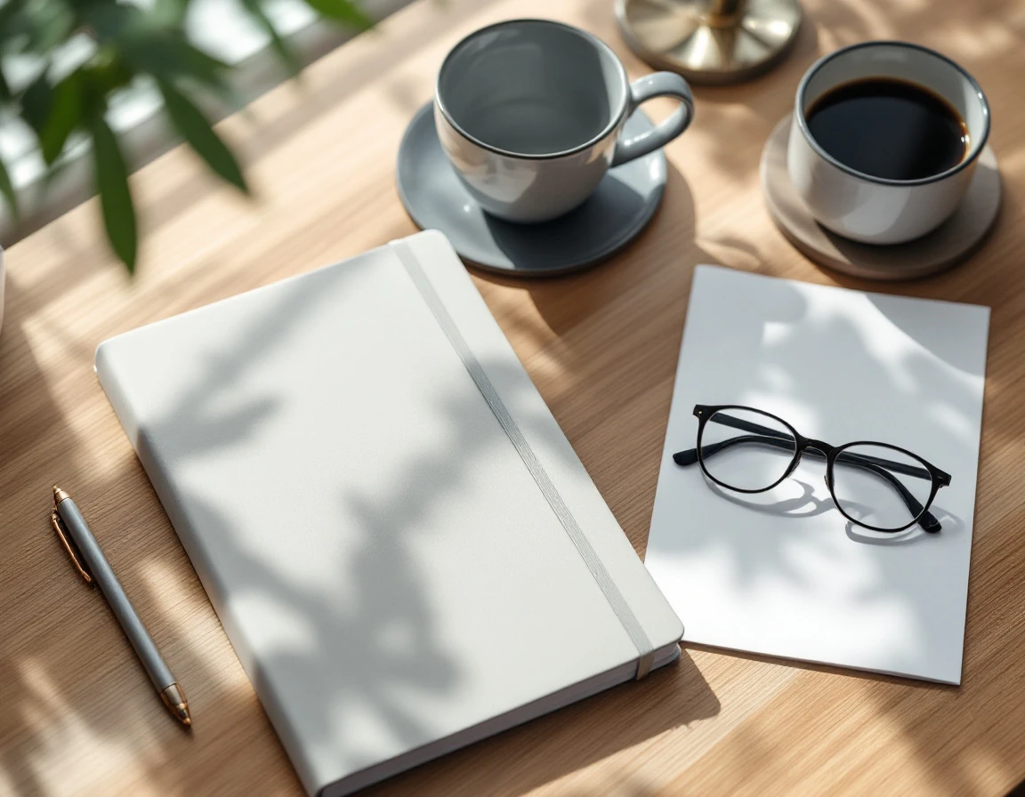 Clean desk workspace with blank journal and planning materials for business implementation timeline