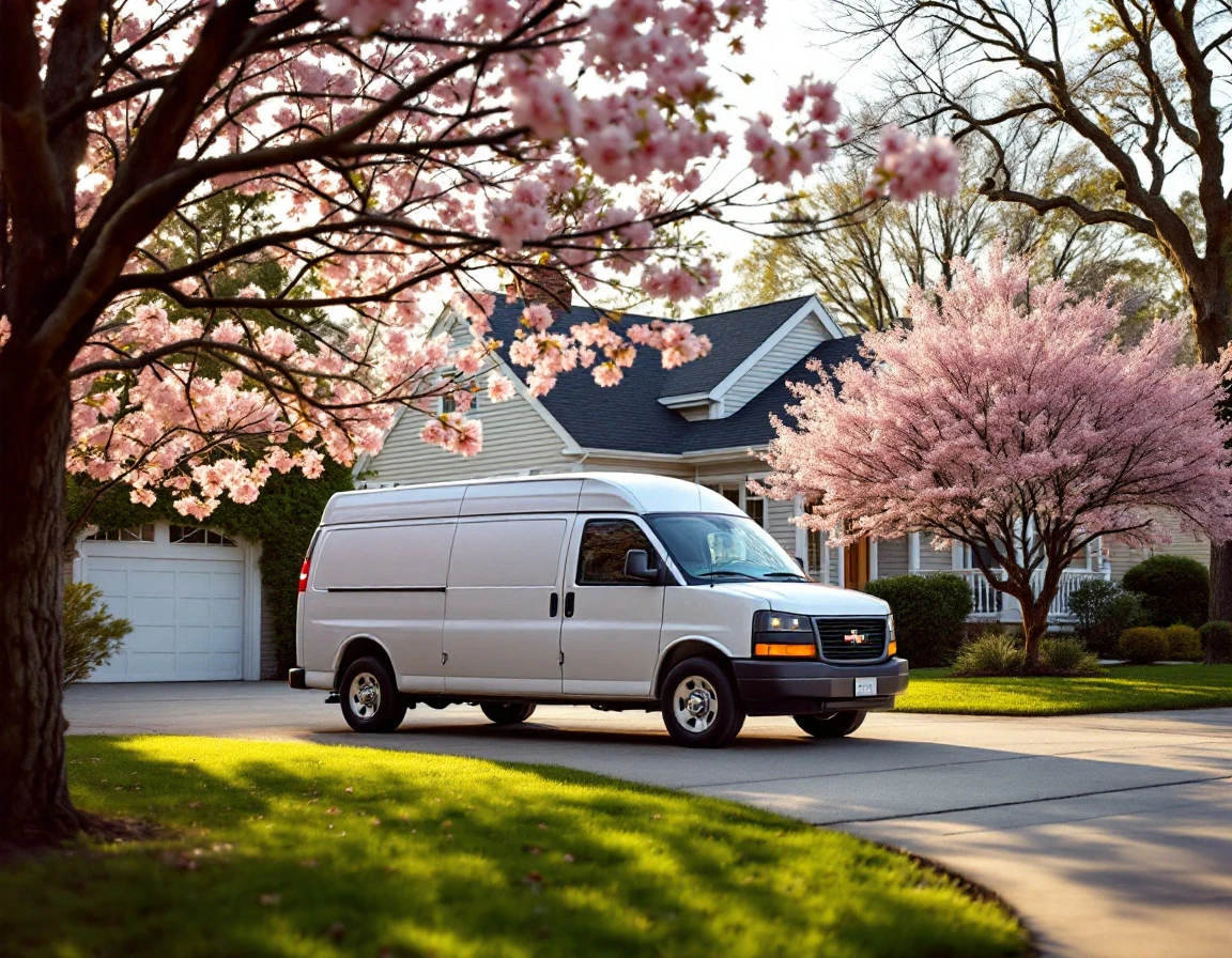 Service contractor van parked in residential driveway during spring season with blooming trees overhead