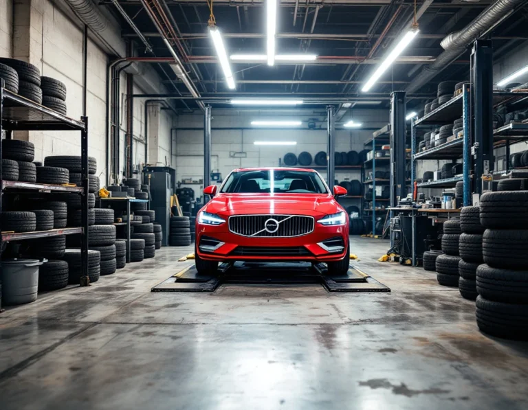 Professional tire service bay with vehicle on lift during winter tire installation season