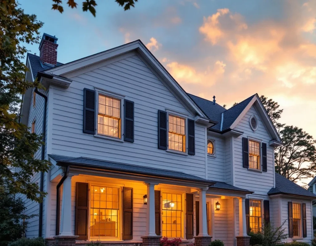 Colonial home exterior with bat exclusion screening installed over vents and soffits at dawn