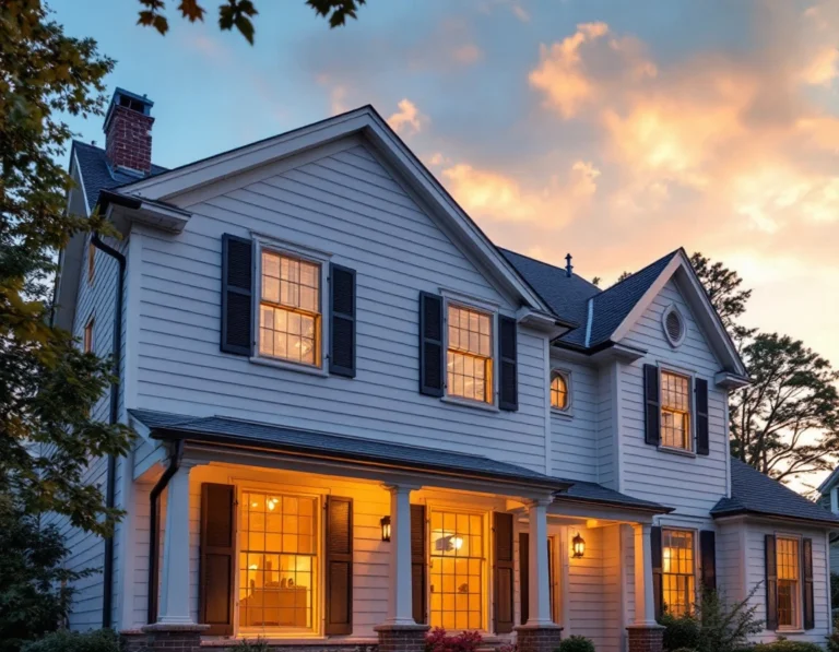 Colonial home exterior with bat exclusion screening installed over vents and soffits at dawn