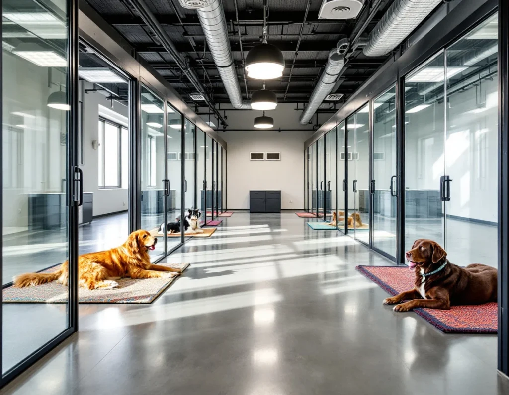Modern pet boarding facility with glass kennel suites and dogs resting on individual mats under natural lighting