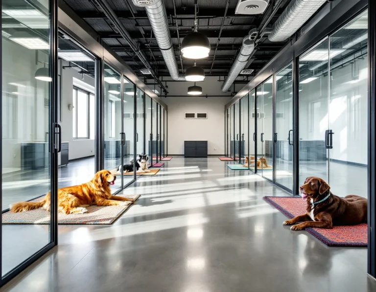 Modern pet boarding facility with glass kennel suites and dogs resting on individual mats under natural lighting
