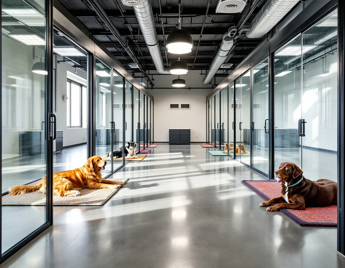 Modern pet boarding facility with glass kennel suites and dogs resting on individual mats under natural lighting