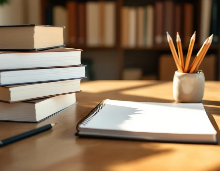 Organized tutoring desk with textbooks, notebooks, and pencils in warm natural light