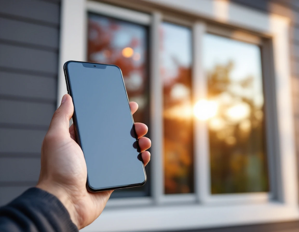 Homeowner using smartphone near new energy-efficient windows to calculate federal tax credit eligibility