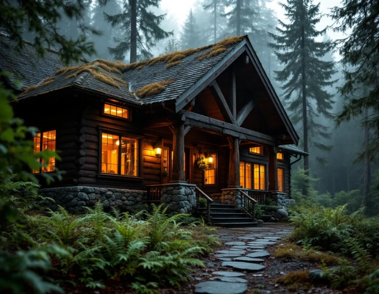 Rustic campground lodge with warm interior lighting surrounded by misty Pacific Northwest forest
