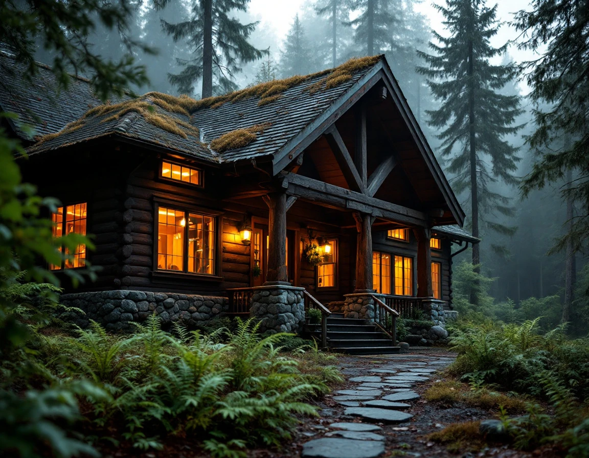 Rustic campground lodge with warm interior lighting surrounded by misty Pacific Northwest forest