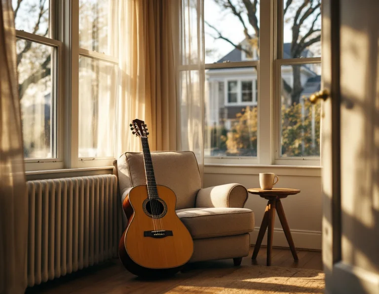 Acoustic guitar in sunlit practice room with comfortable seating and natural afternoon light