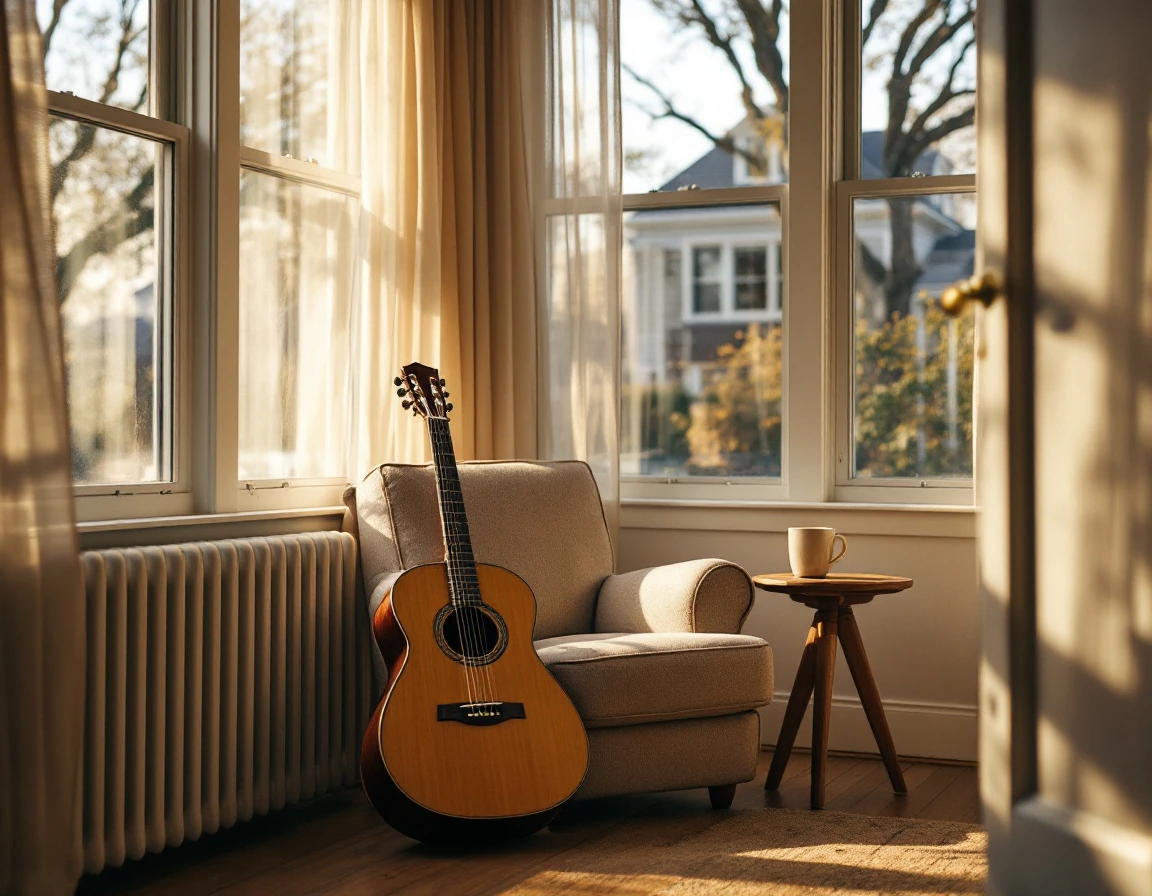 Acoustic guitar in sunlit practice room with comfortable seating and natural afternoon light