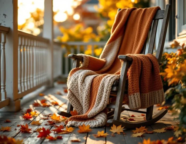 Empty rocking chair with blanket on autumn porch representing caregiver respite and self-care