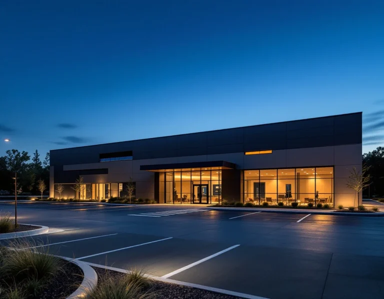 Modern security operations facility exterior at twilight with professional landscaping and architectural lighting