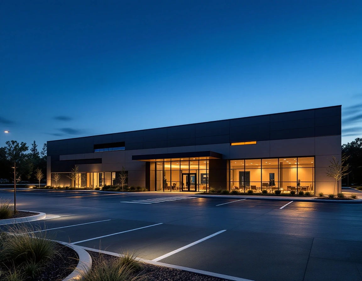 Modern security operations facility exterior at twilight with professional landscaping and architectural lighting