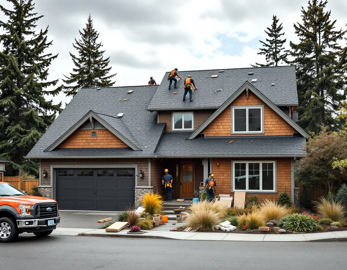 Roofing crew installing composite shingles on craftsman home during partly cloudy afternoon in Pacific Northwest