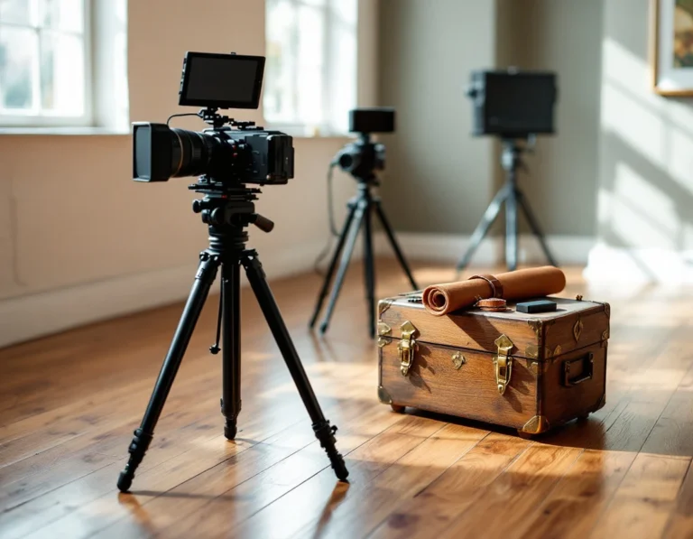 Professional cinema camera and video equipment arranged in naturally-lit studio with warm wood flooring