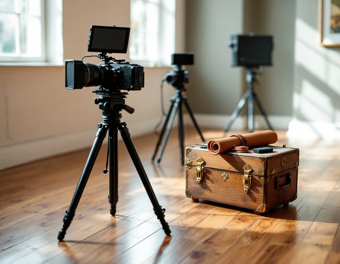 Professional cinema camera and video equipment arranged in naturally-lit studio with warm wood flooring