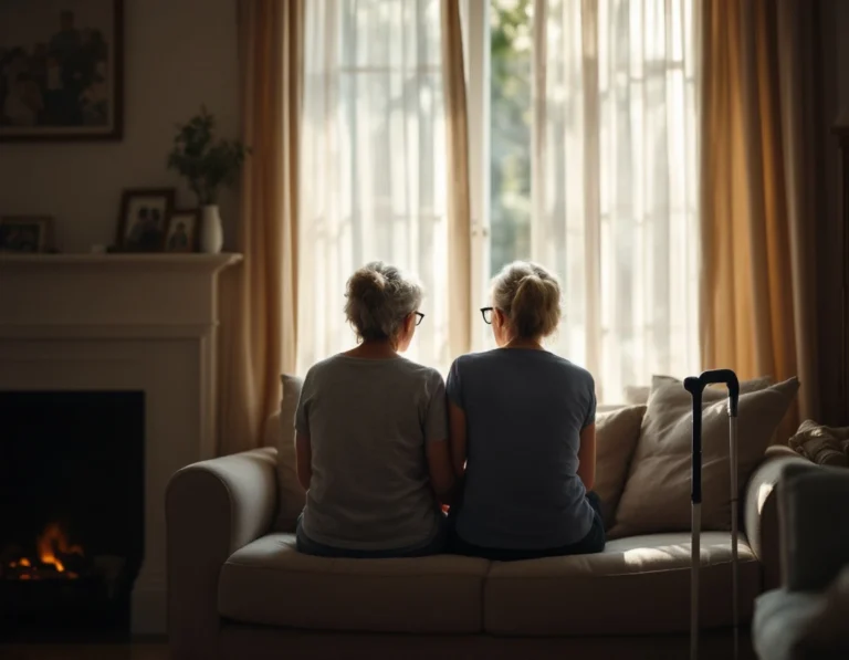 Adult daughter and elderly mother in quiet conversation by window, suggesting a difficult caregiving decision moment