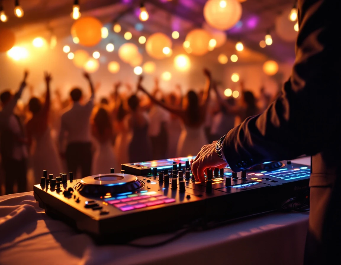 Professional DJ mixing console with glowing controls at wedding reception with dancing guests in background