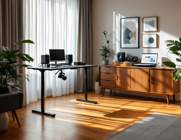 Professional content creation workspace with camera equipment, audio gear, and organized production stations