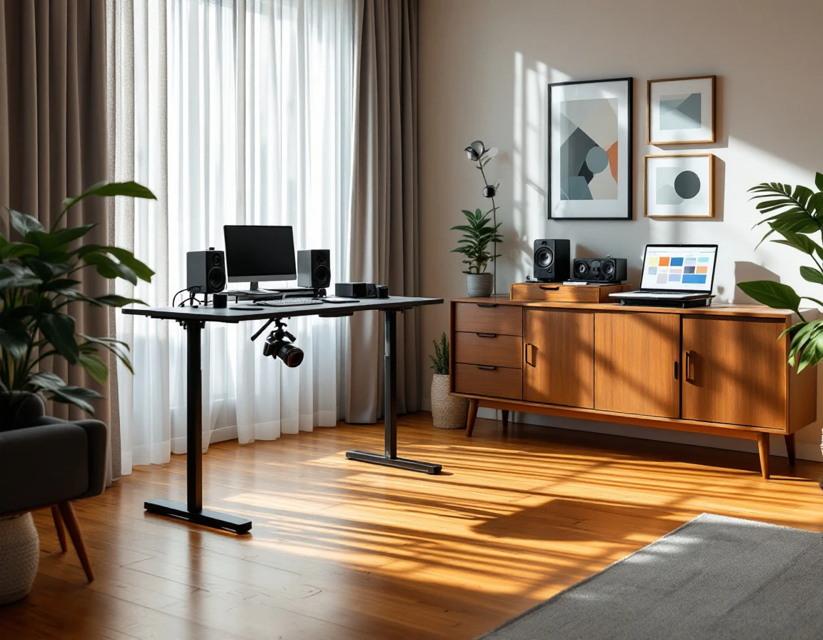 Professional content creation workspace with camera equipment, audio gear, and organized production stations