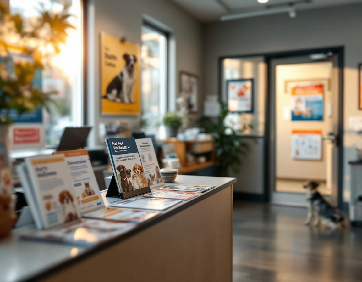 Veterinary clinic reception with educational brochures and pet wellness materials displayed prominently