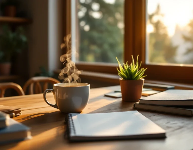 Peaceful home workspace with wellness journal and tea, showing work-life balance for caregivers