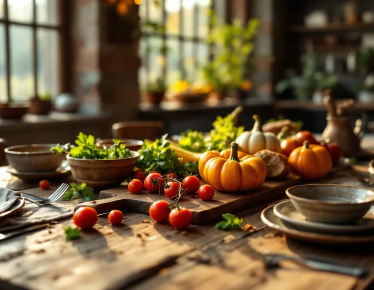 Seasonal autumn produce and fresh ingredients arranged on rustic farmhouse table in natural window light
