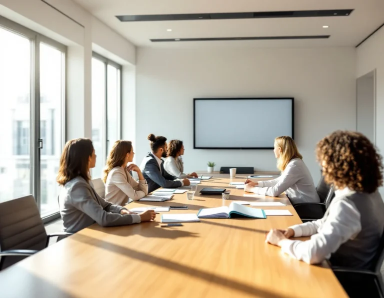 Corporate team meeting around conference table reviewing IT relocation planning materials in modern boardroom