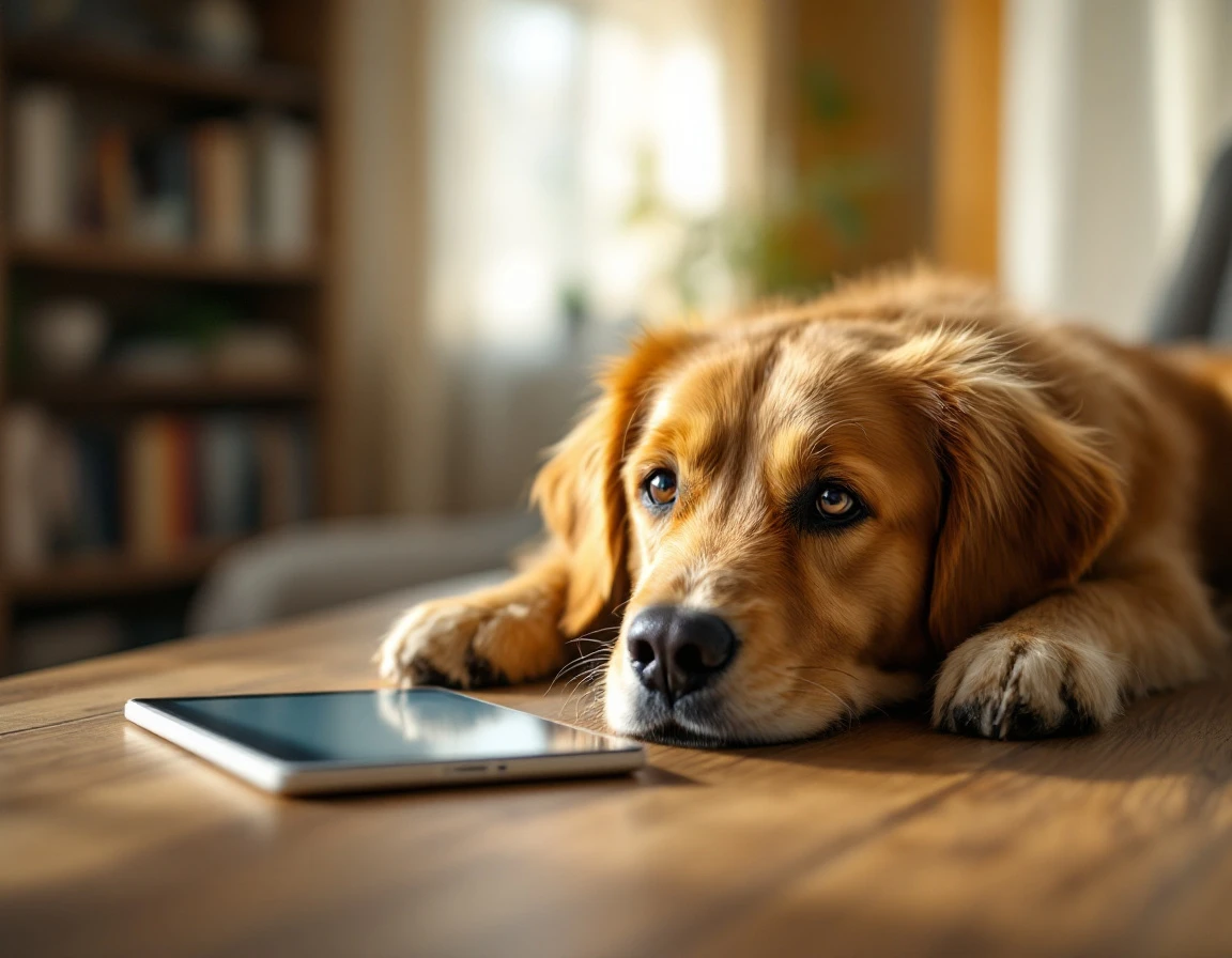 Golden retriever beside home office desk with blank materials in soft natural window light