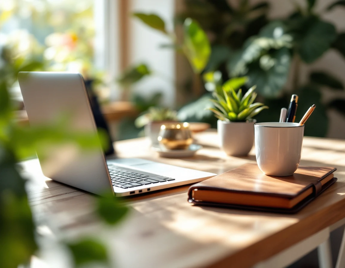 Sunlit home office desk with laptop, coffee, plants, and planning materials in organized workspace