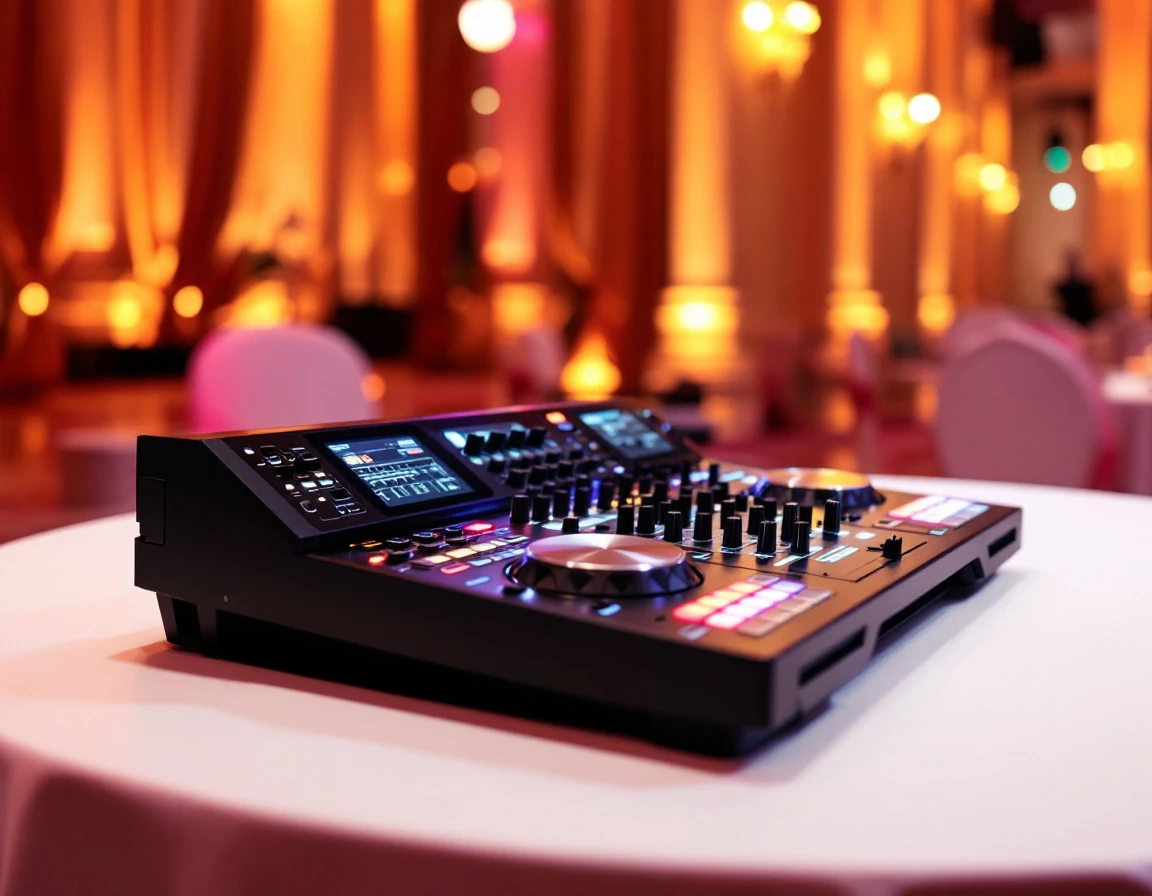 Professional DJ mixer and turntable equipment with detailed controls at elegant wedding venue