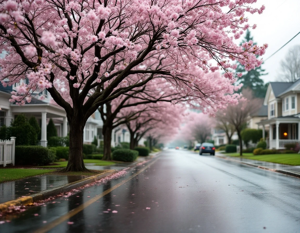 Spring neighborhood street with blooming cherry blossoms and wet pavement after April rain