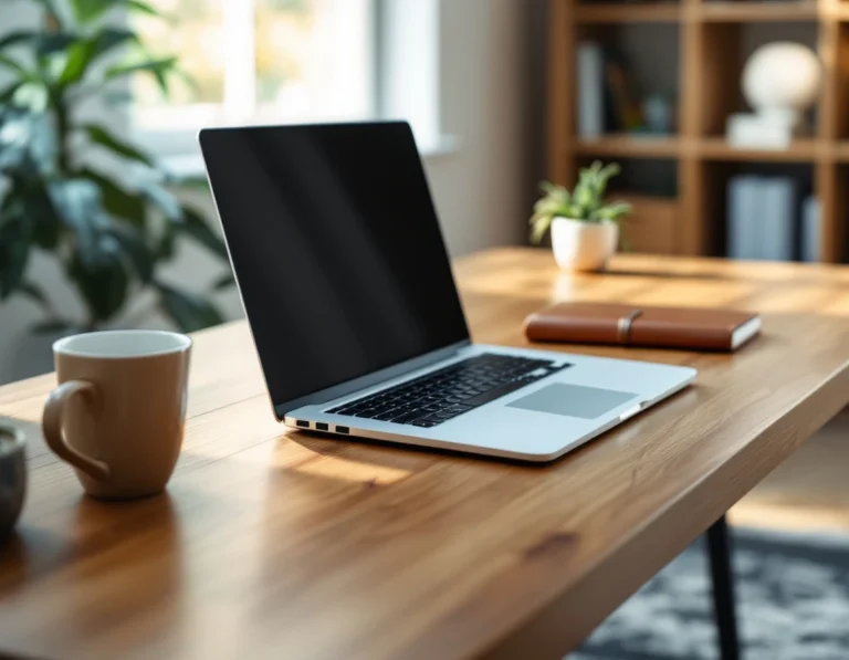 Minimalist home office desk with closed laptop and professional workspace essentials in natural window light