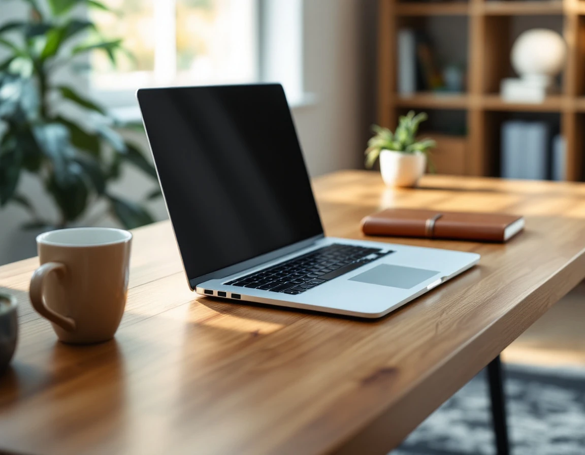 Minimalist home office desk with closed laptop and professional workspace essentials in natural window light