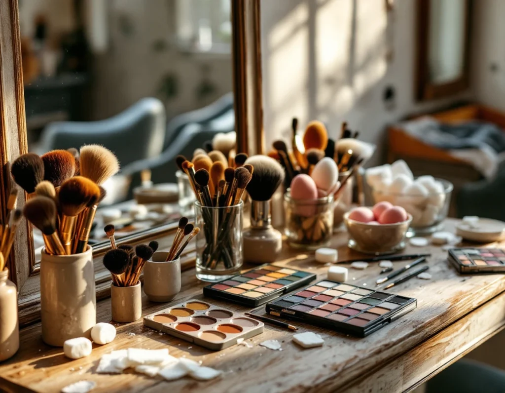 Professional salon makeup workstation with brushes, palettes, and tools arranged under natural window light