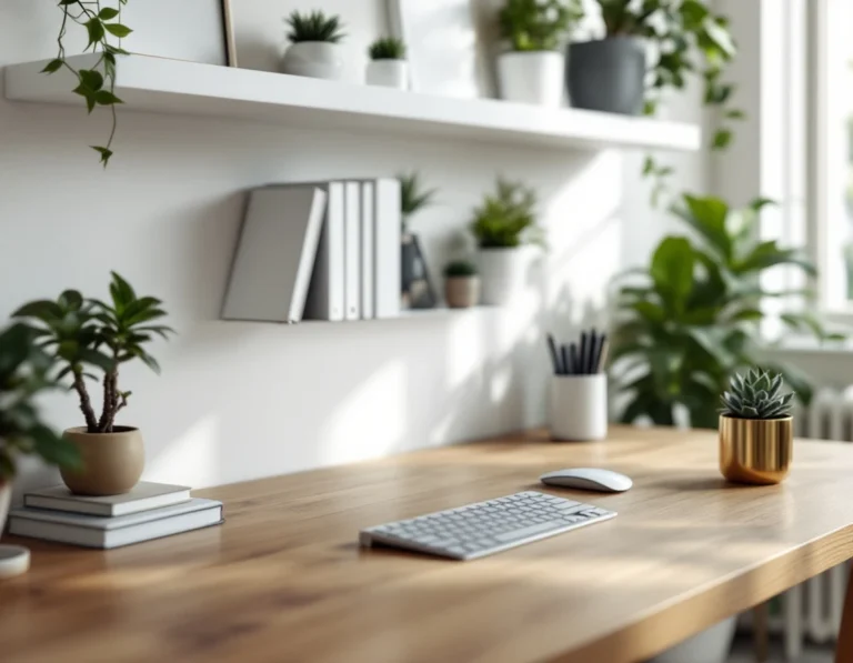 Organized minimalist office desk with keyboard, notebooks, and plant showing clean workspace setup