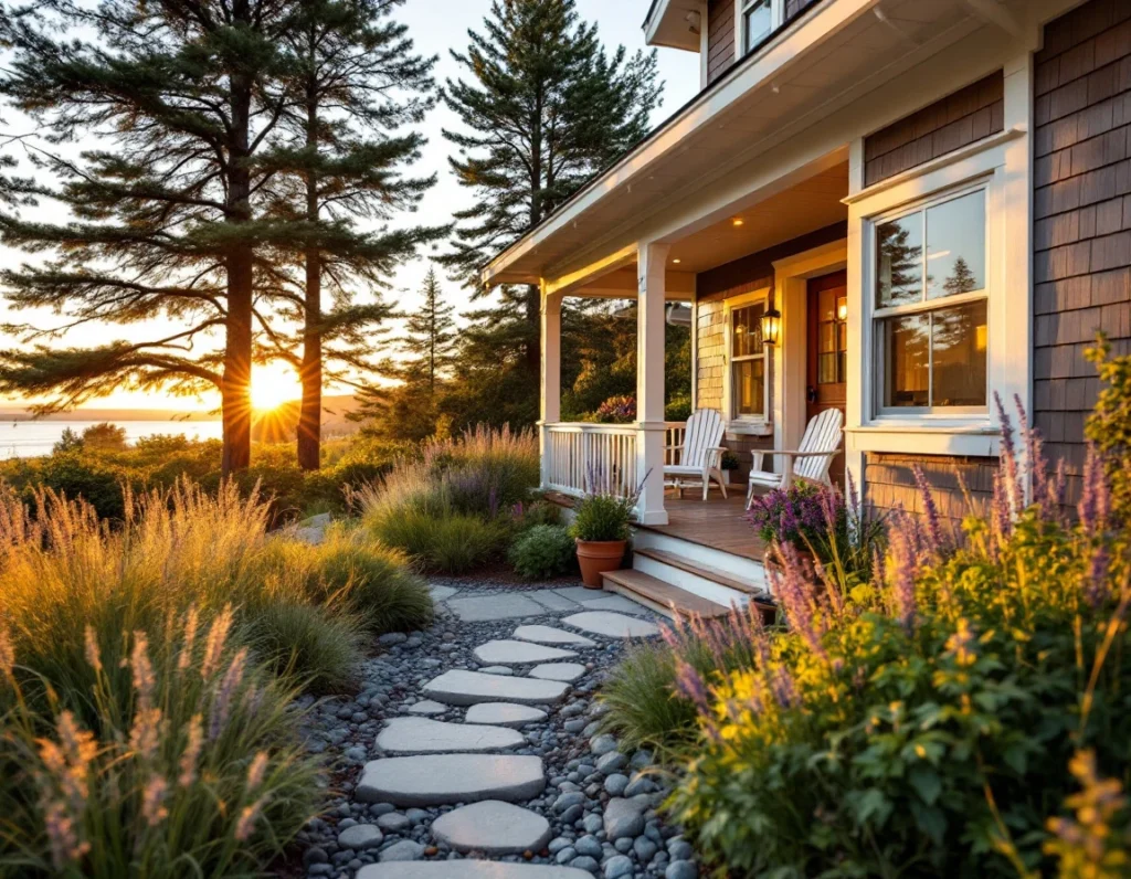 Coastal vacation rental home with welcoming front porch and Pacific Northwest landscaping at golden hour