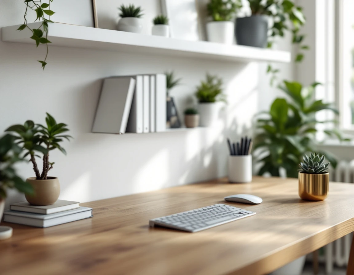 Organized minimalist office desk with keyboard, notebooks, and plant showing clean workspace setup