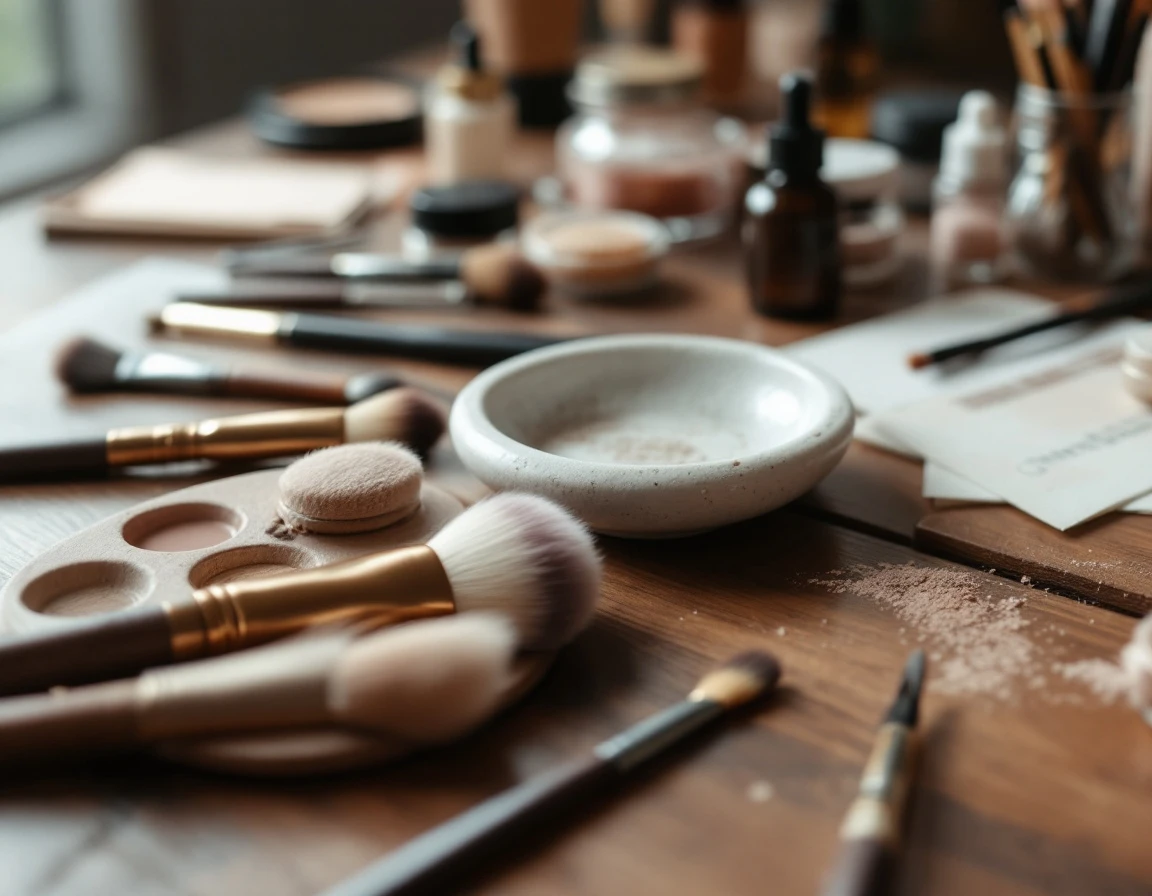 Professional makeup brushes and tools arranged on workspace showing authentic materials and natural lighting