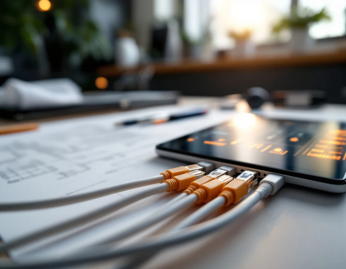 Network cables and smart home control tablet on AV installer workbench with technical blueprints
