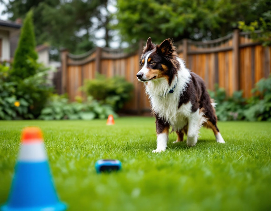 Professional dog training session showing obedience work with training equipment in residential backyard setting