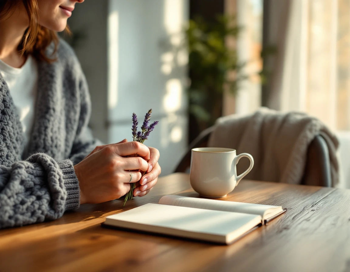 Caregiver wellness items arranged on kitchen table with natural morning light and journal for self-care routine