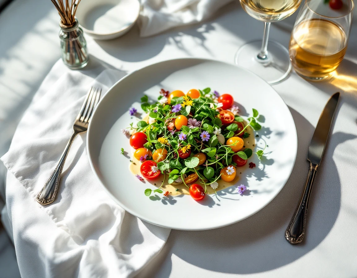 Overhead view of seasonal plated dish with fresh vegetables and edible flowers on white tablecloth in natural light