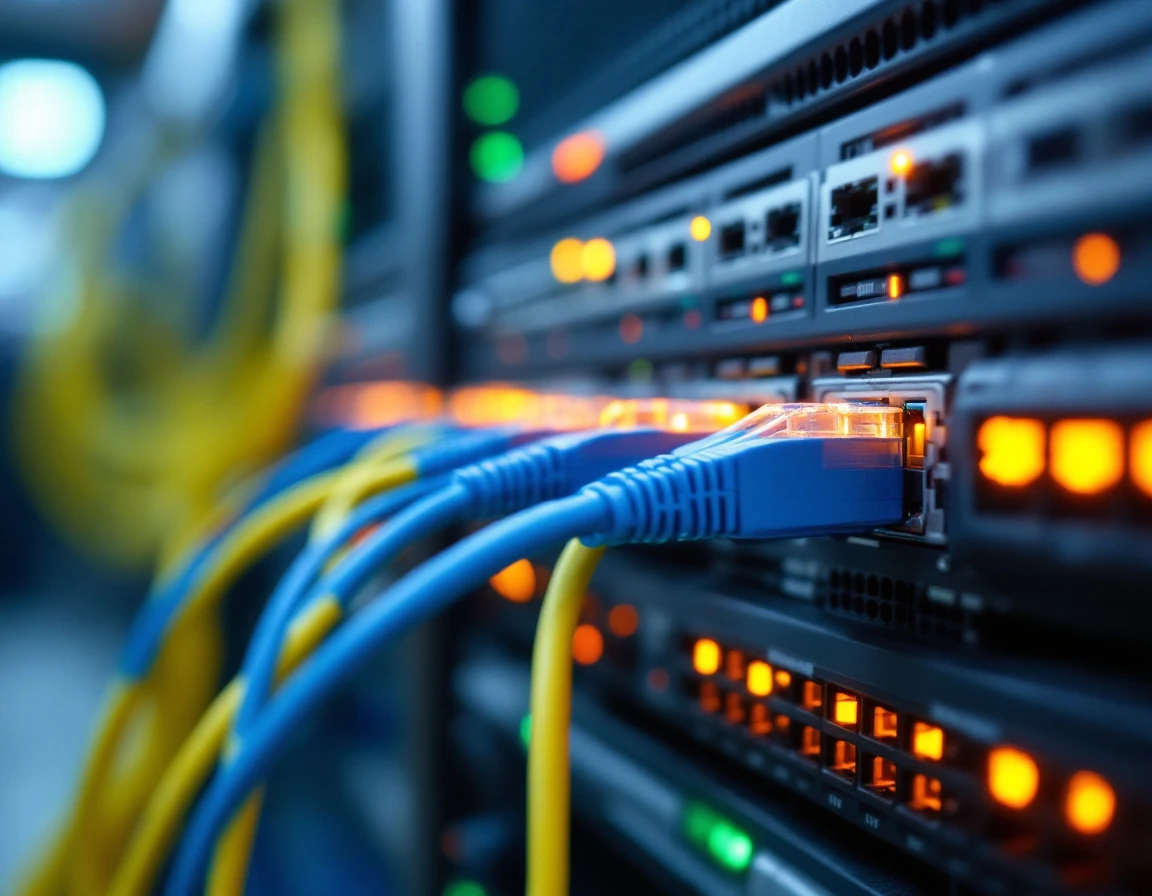 Network server rack with ethernet cables and switches showing organized IT infrastructure cabling