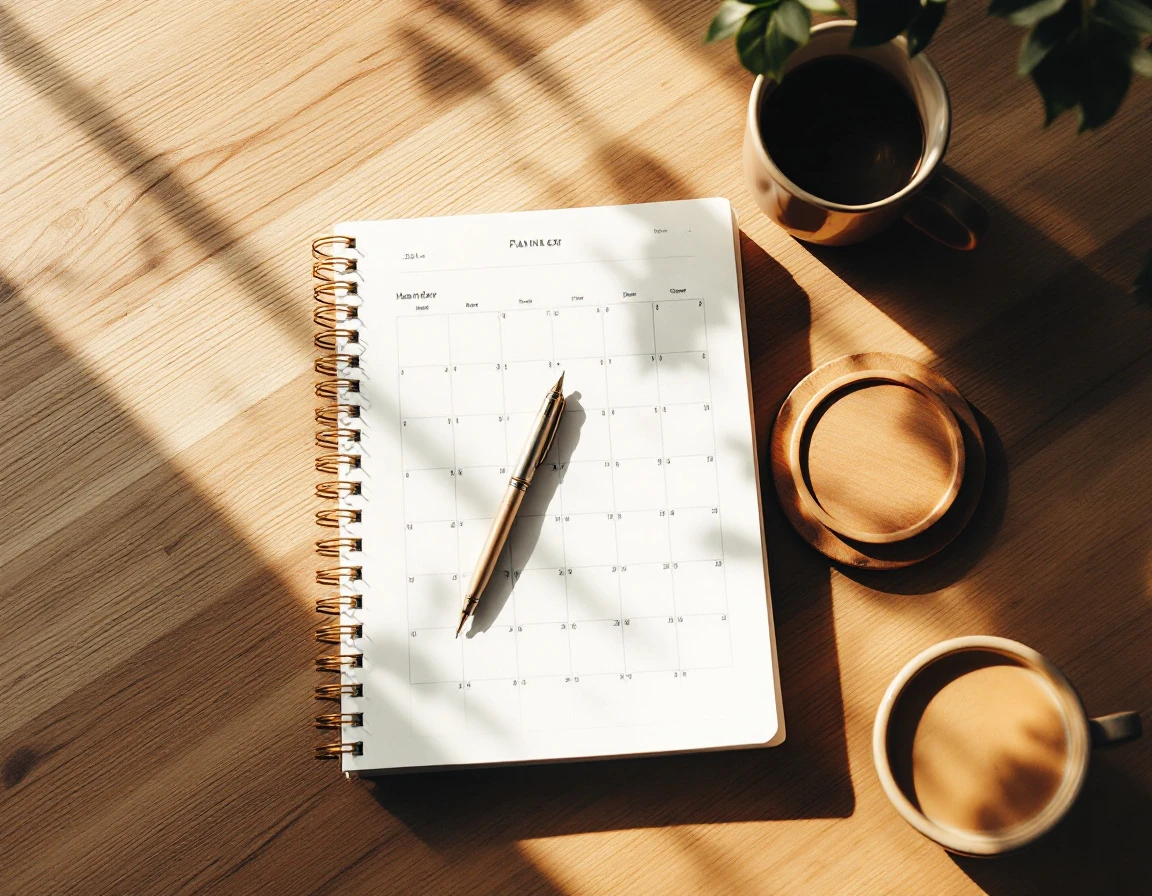 Overhead workspace with planning notebook, pen, and coffee mug in natural morning light